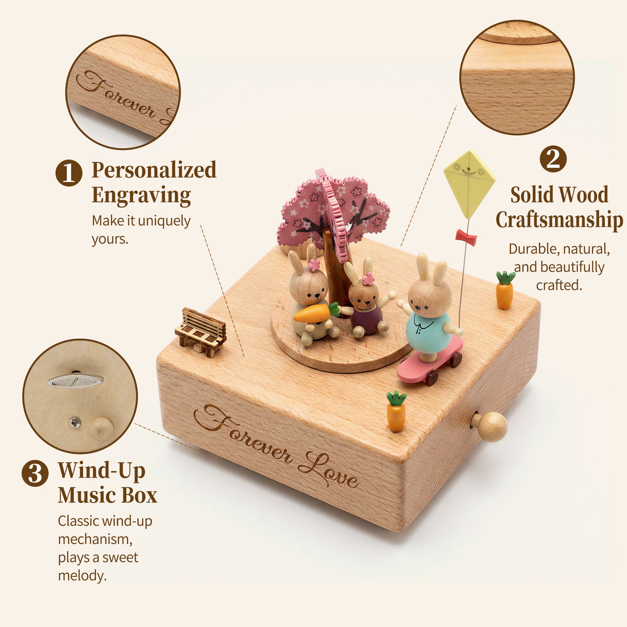 Personalized Engraved Rabbit and Kite Music Box